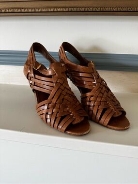 Tory Burch Cognac Woven Leather Cage Sandal Heels | Size 8.5
